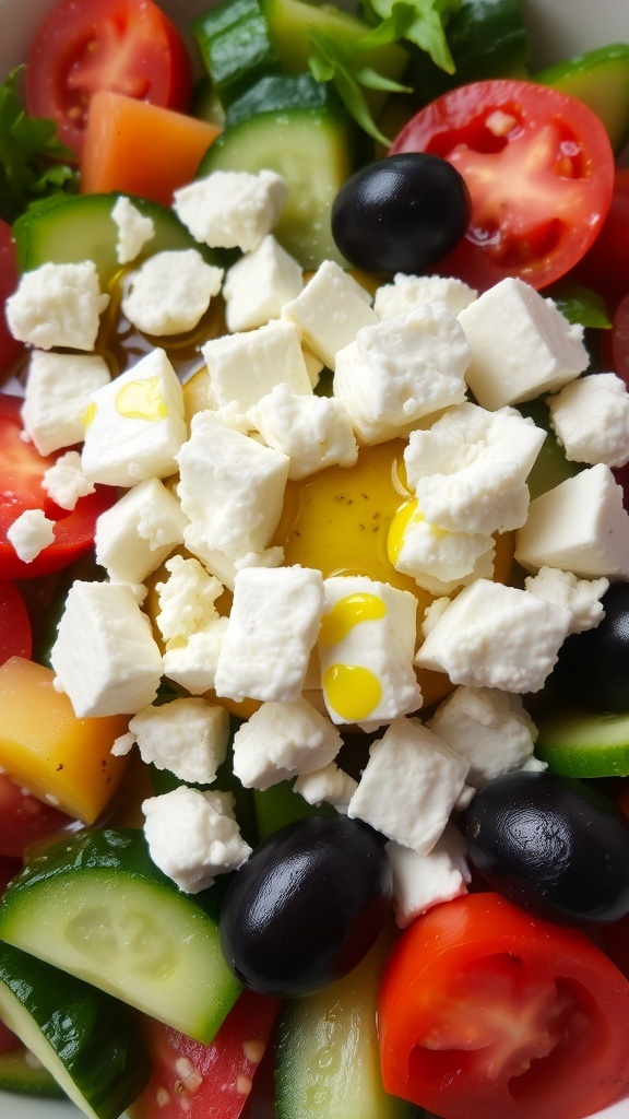 A fresh Greek salad with feta cheese, tomatoes, cucumbers, and olives.